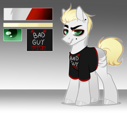 Size: 3800x3400 | Tagged: safe, artist:kannakiller, oc, oc only, species:pony, species:zony, adoptable, blank flank, clothing, dreamworks face, ear piercing, gradient background, hybrid, makeup, male, piercing, shirt, solo, stallion, t-shirt