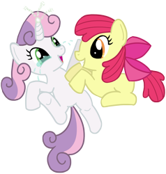 Size: 2040x2140 | Tagged: safe, artist:transparentpony, character:apple bloom, character:sweetie belle, featureless crotch, laughing, magic, tears of laughter, tickling