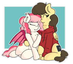 Size: 1821x1613 | Tagged: safe, artist:retro_hearts, oc, oc only, oc:blood moon, oc:retro hearts, species:bat pony, species:pegasus, species:pony, bat pony oc, bat wings, chest fluff, clothing, cuddling, cute, eyes closed, female, hoodie, mare, oc x oc, shipping, simple background, transparent background, wings