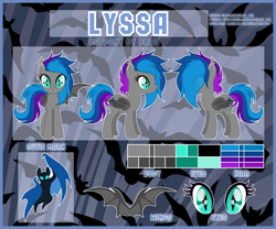 Size: 1920x1600 | Tagged: safe, artist:angelina-pax, oc, oc only, oc:lyssa, species:bat pony, species:pony, abstract background, bat pony oc, bat wings, ear fluff, fangs, female, mare, reference sheet, solo, wings