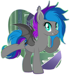 Size: 1500x1600 | Tagged: safe, artist:angelina-pax, oc, oc only, oc:lyssa, species:bat pony, abstract background, bat pony oc, bat wings, ear fluff, fangs, raised hoof, raised leg, simple background, smiling, solo, transparent background, wings