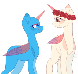 Size: 2353x2249 | Tagged: safe, artist:paintpalet35, oc, oc only, species:alicorn, species:pony, alicorn oc, base, blushing, duo, floral head wreath, flower, horn, licking, licking lips, looking at each other, simple background, smiling, tongue out, transparent background, wings