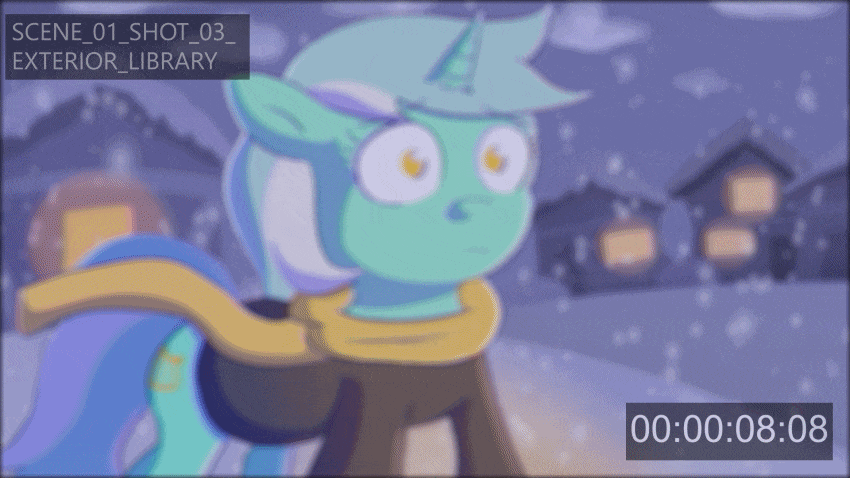 Size: 850x478 | Tagged: safe, artist:another_pony, character:lyra heartstrings, species:pony, species:unicorn, fanfic:background pony, animated, clothing, dig the swell hoodie, fanfic art, female, hoodie, scarf, snow, winter