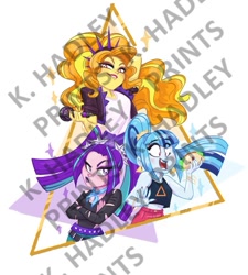 Size: 837x929 | Tagged: safe, artist:katrina hadley, character:adagio dazzle, character:aria blaze, character:sonata dusk, my little pony:equestria girls, arm behind head, bedroom eyes, clothing, crossed arms, female, food, obtrusive watermark, smiling, taco, the dazzlings, watermark