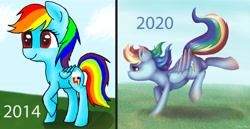 Size: 5094x2636 | Tagged: safe, artist:kysimon, character:rainbow dash, grass, improvement, sky, then and now