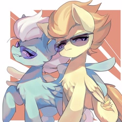 Size: 1600x1600 | Tagged: safe, artist:masa_0006, character:fleetfoot, character:spitfire, species:pegasus, species:pony, abstract background, chest fluff, cute, duo, featured on derpibooru, female, fluffy, frown, glare, grin, hug, leg fluff, looking at you, mare, raised hoof, smiling, smirk, spread wings, sunglasses, winghug, wings