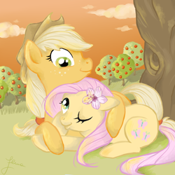 Size: 800x800 | Tagged: safe, artist:elenaboosy, character:applejack, character:fluttershy, ship:appleshy, apple flower, apple orchard, female, hug, lesbian, looking at each other, prone, shipping