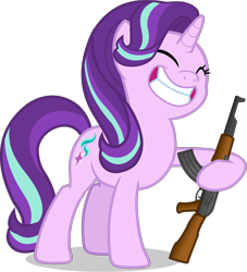 Size: 2481x2736 | Tagged: safe, artist:duskyzombie, artist:hazy_reply, edit, edited screencap, screencap, character:starlight glimmer, species:pony, species:unicorn, episode:memnagerie, spoiler:memnagerie, spoiler:mlp friendship is forever, ak-47, assault rifle, big smile, cropped, cute, eyes closed, female, glimmerbetes, gun, high res, mare, rifle, simple background, smiling, solo, this will end in communism, transparent background, vector, weapon