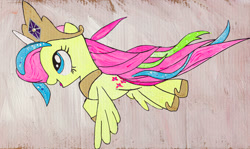Size: 1200x717 | Tagged: safe, artist:aquilateagle, character:fluttershy, species:pegasus, species:pony, cosplay, costume, crown, fake horn, female, flying, happy, jewelry, mare, open mouth, profile, regalia, shylestia, solo, spread wings, traditional art, wings