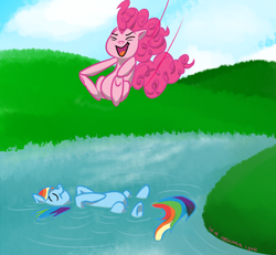 Size: 2000x1845 | Tagged: safe, artist:eggsammich, character:pinkie pie, character:rainbow dash, cannonball, floating, on back, smiling, swimming, this will end in tears, underhoof, water