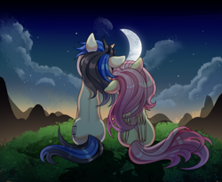 Size: 2598x2126 | Tagged: safe, artist:alus, character:fluttershy, oc, oc:forestar, species:pegasus, species:pony, species:unicorn, canon x oc, cloud, cute, evening, flutterstar, love, moon, mountain, my little pony, night, outdoors, shipping, shyabetes, sky, stars