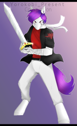 Size: 609x1000 | Tagged: safe, artist:chao-xing, oc, oc only, species:anthro, species:earth pony, species:pony, species:unguligrade anthro, commission, gradient background, looking at you, male, simple background, solo, stallion, sword, weapon