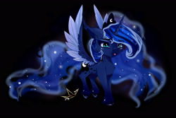 Size: 3000x2000 | Tagged: safe, artist:martazap3, character:princess luna, oc, species:alicorn, species:pegasus, species:pony, species:unicorn, black background, cheek fluff, chest fluff, ear fluff, female, high res, horn, leg fluff, simple background, solo, spread wings, two toned wings, unshorn fetlocks, wings