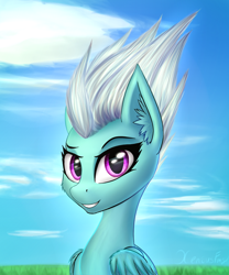 Size: 1000x1200 | Tagged: safe, artist:xeniusfms, character:fleetfoot, species:pegasus, species:pony, bust, cloud, ear fluff, female, looking at you, portrait, smiling, solo