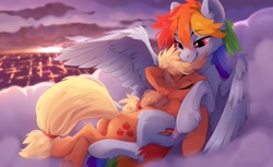 Size: 3600x2200 | Tagged: safe, artist:reysi, character:applejack, character:rainbow dash, species:earth pony, species:pegasus, species:pony, ship:appledash, cloud, cuddling, duo, explicit source, female, high res, lesbian, lying on a cloud, mare, on a cloud, shipping, wholesome