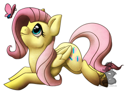 Size: 900x660 | Tagged: safe, artist:chubby-kirin, character:fluttershy, species:pegasus, species:pony, butterfly, cute, female, mare, prone, shyabetes, simple background, solo, transparent background