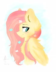 Size: 2066x2755 | Tagged: safe, artist:lumepone, character:fluttershy, species:pegasus, species:pony, blushing, bust, chest fluff, cute, ear fluff, female, flower, flower in hair, high res, mare, profile, shyabetes, solo