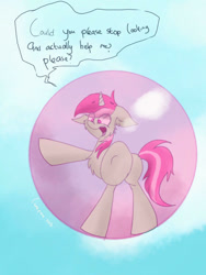 Size: 768x1024 | Tagged: safe, artist:lumepone, character:minty bubblegum, species:pony, species:unicorn, episode:on your marks, g4, my little pony: friendship is magic, background pony, bubblegum, dialogue, female, floating, food, gum, in bubble, mare, solo, trapped, underhoof