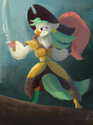 Size: 1417x1890 | Tagged: safe, artist:lumepone, character:captain celaeno, species:bird, species:parrot, my little pony: the movie (2017), clothing, female, hat, pirate, pirate hat, solo, sword, weapon