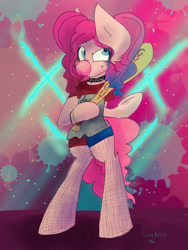 Size: 768x1024 | Tagged: safe, artist:lumepone, character:pinkie pie, baseball bat, bipedal, bubblegum, clothing, cosplay, costume, dc extended universe, food, gum, harley quinn, suicide squad