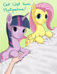 Size: 967x1250 | Tagged: safe, artist:dannylim86, character:fluttershy, character:twilight sparkle, character:twilight sparkle (unicorn), species:human, species:pony, species:unicorn, 2012, bed, get well soon, pony confession