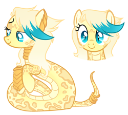 Size: 1836x1644 | Tagged: safe, artist:kannakiller, oc, oc only, oc:sachalla, species:lamia, species:pony, bedroom eyes, bracer, ear piercing, earring, female, jewelry, mare, markings, neck rings, original species, piercing, ring, simple background, snake pony, solo, white background