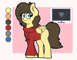 Size: 1455x1132 | Tagged: safe, artist:retro_hearts, oc, oc:retro hearts, species:pegasus, species:pony, clothing, color palette, cutie mark, female, hoodie, mare, reference sheet, simple background, smiling, wings