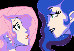Size: 472x326 | Tagged: safe, artist:arrghitsabaseaccount, artist:captainsnarkyninja, base used, character:fluttershy, character:princess luna, species:human, face to face, humanized, lidded eyes, lipstick