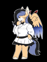 Size: 693x898 | Tagged: safe, artist:chao-xing, oc, oc:jj younque, species:anthro, species:bat pony, species:pegasus, species:pony, species:unguligrade anthro, bat ears, bow tie, chibi, clothing, eyes closed, fangs, female, mare, markings, milf, original species, skirt, smiling, solo, thick, vampire, wings