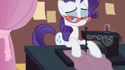 Size: 673x379 | Tagged: safe, artist:vanripper, character:rarity, species:pony, species:unicorn, fanfic:like fine wine, animated at source, curtains, fabric, fanfic, female, flash, mare, rarity's glasses, sewing machine, solo