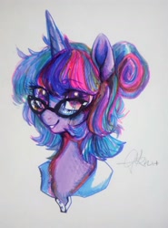 Size: 1280x1729 | Tagged: safe, artist:goldenrainynight, character:twilight sparkle, species:pony, alternate hairstyle, bust, cute, female, glasses, hair bun, looking at you, mare, portrait, signature, simple background, smiling, solo, traditional art, twiabetes, white background