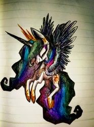 Size: 2982x4022 | Tagged: safe, artist:goldenrainynight, character:princess celestia, species:alicorn, species:pony, female, flying, lined paper, mare, solo, traditional art