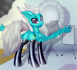 Size: 1780x1600 | Tagged: safe, artist:xeniusfms, character:fleetfoot, species:pegasus, species:pony, butt, clothing, commission, dock, ear fluff, fangs, featureless crotch, female, looking at you, looking back, mare, plot, showing off, solo, spread wings, stockings, taking a photo, thigh highs, wings
