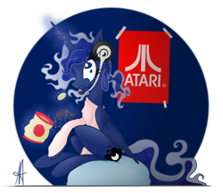 Size: 1878x1626 | Tagged: safe, artist:ardas91, character:princess luna, species:alicorn, species:pony, gamer luna, abstract background, alternate hairstyle, atari, chips, clothing, controller, cute, eating, female, food, gaming headset, looking at you, lunabetes, magic, mare, poster, potato chips, profile, shirt, sitting, solo, telekinesis