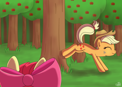Size: 1400x1000 | Tagged: safe, artist:oggynka, character:apple bloom, character:applejack, species:earth pony, species:pony, apple, apple tree, applebucking, bucking, duo, eyes closed, female, filly, mare, smiling, tree