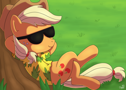 Size: 1400x1000 | Tagged: safe, artist:oggynka, character:applejack, species:earth pony, species:pony, female, mare, relaxing, solo, sunglasses