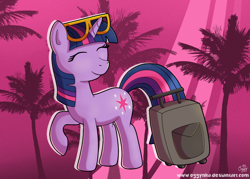 Size: 1400x1000 | Tagged: safe, artist:oggynka, character:twilight sparkle, character:twilight sparkle (unicorn), species:pony, species:unicorn, eyes closed, female, luggage, mare, smiling, solo