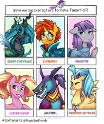 Size: 1005x1200 | Tagged: safe, artist:magicstarfriends, character:ahuizotl, character:boulder, character:luster dawn, character:maud pie, character:princess skystar, character:queen chrysalis, character:sunburst, species:changeling, species:classical hippogriff, species:earth pony, species:hippogriff, species:pony, species:unicorn, my little pony: the movie (2017), bust, changeling queen, clothing, female, glasses, grin, jewelry, male, mare, necklace, one eye closed, raised hoof, six fanarts, smiling, stallion, wink
