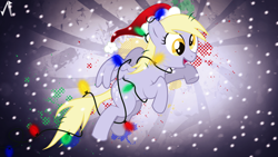 Size: 1920x1080 | Tagged: safe, artist:gameguy001, artist:justaninnocentpony, edit, character:derpy hooves, species:pegasus, species:pony, christmas, christmas lights, clothing, female, hat, holiday, mare, santa hat, solo, wallpaper, wallpaper edit