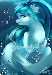 Size: 2708x3937 | Tagged: safe, artist:haidiannotes, character:sonata dusk, species:siren, bubble, cute, female, high res, open mouth, profile, solo, sonatabetes, underwater