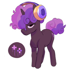 Size: 1280x1216 | Tagged: safe, artist:bokkitoki, oc, oc only, oc:pomegranate darling wine belle, parent:button mash, parent:sweetie belle, parents:sweetiemash, species:pony, species:unicorn, cutie mark, female, headphones, horn, offspring, simple background, solo, white background
