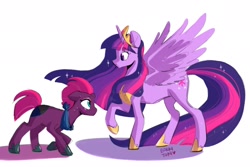 Size: 1800x1200 | Tagged: safe, artist:bokkitoki, character:fizzlepop berrytwist, character:tempest shadow, character:twilight sparkle, character:twilight sparkle (alicorn), species:alicorn, species:pony, species:unicorn, ship:tempestlight, episode:the last problem, g4, my little pony: friendship is magic, bandana, blushing, bowing, broken horn, duo, eye scar, female, horn, jewelry, lesbian, looking at each other, older, older twilight, princess twilight 2.0, raised hoof, regalia, scar, shipping, simple background, size difference, smiling, spread wings, sweat, sweatdrop, wings