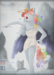 Size: 724x1000 | Tagged: safe, artist:chao-xing, character:rainbow dash, species:anthro, species:pegasus, species:pony, species:unguligrade anthro, angry, armpits, big wings, digital painting, female, painting, pointing, rainbow, roman, solo, wings