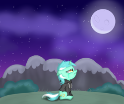 Size: 2505x2115 | Tagged: safe, artist:background basset, derpibooru original, character:lyra heartstrings, species:pony, species:unicorn, fanfic:background pony, clothing, crying, dig the swell hoodie, edgy, female, hoodie, moon, solo