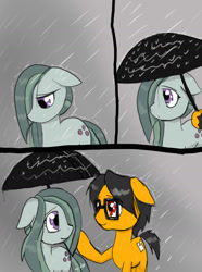 Size: 1072x1440 | Tagged: safe, artist:a.s.e, character:marble pie, oc, oc:a.s.e, species:pony, canon x oc, couple, female, male, mare, rain, shipping, smiling, stallion, together, umbrella, wet mane
