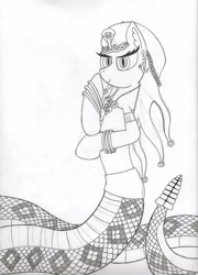 Size: 2550x3549 | Tagged: safe, artist:laurelcrown, oc, oc only, black and white, grayscale, hybrid, monochrome, original species, snake, snake pony, traditional art