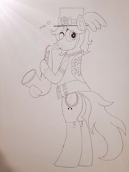 Size: 960x1280 | Tagged: safe, artist:laurelcrown, oc, oc only, oc:laurel crown, species:earth pony, species:pony, black and white, destination calabria, earth pony oc, grayscale, monochrome, musical instrument, one eye closed, saxophone, solo, standing, traditional art, wink