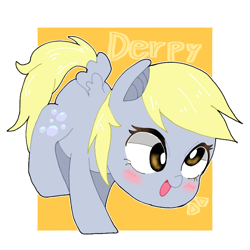 Size: 768x768 | Tagged: safe, artist:destroyer_aky, character:derpy hooves, species:pegasus, species:pony, abstract background, blushing, chibi, cute, derpabetes, female, mare, open mouth, pixiv, solo