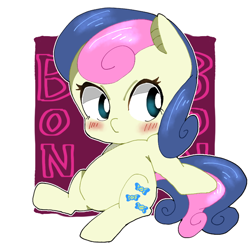 Size: 768x768 | Tagged: safe, artist:destroyer_aky, character:bon bon, character:sweetie drops, species:earth pony, species:pony, abstract background, adorabon, blushing, chibi, cute, female, mare, pixiv, solo