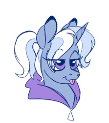 Size: 674x757 | Tagged: safe, artist:woollily, character:trixie, species:pony, species:unicorn, babysitter trixie, bust, clothing, female, hoodie, pigtails, simple background, solo, twintails, white background